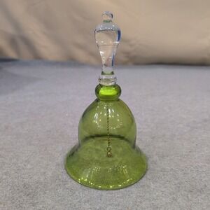 Vintage Pilgrim Glass Handblown Bell Avocado Green Clear Handle 1968-1979